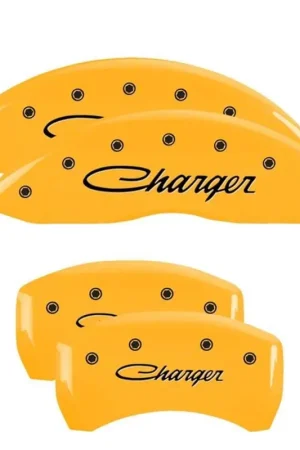 Top Pick MGP Brake Caliper Covers with Cursive Charger Logo; Yellow; Front and Rear