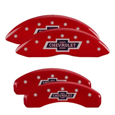 MGP 4 Caliper Covers Engraved F & R 100 Anniversary Red Finish Silver Char 2019 Chevrolet Tahoe - 14234SBANRD Exclusive