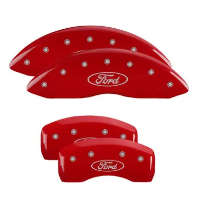 Get Yours MGP 4 Caliper Covers Engraved Front & Rear Oval logo/Ford Red finish silver ch - 10165SFRDRD